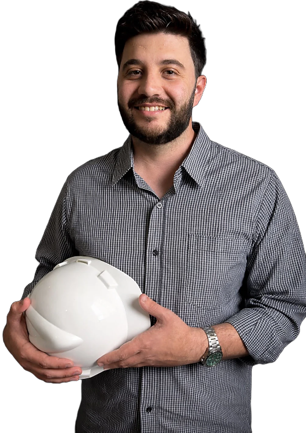 Weliton Machado segurando um capacete de obra